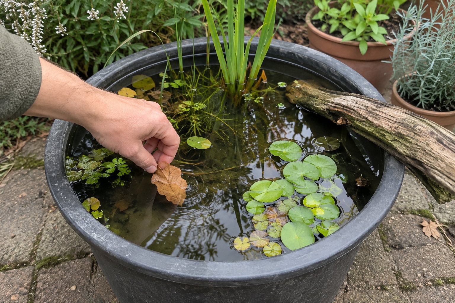 Naturnaher Miniteich mit Schwimmblättern und Uferpflanzen
