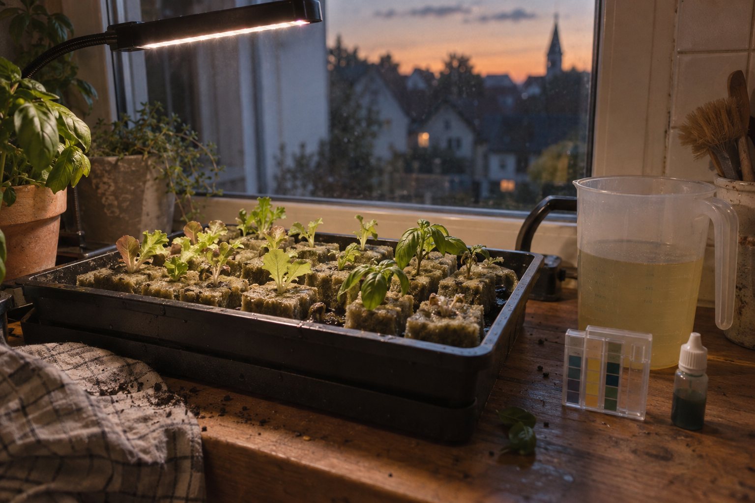 Anzuchtschale mit Keimlingen unter einer kleinen LED-Pflanzenlampe auf der Fensterbank