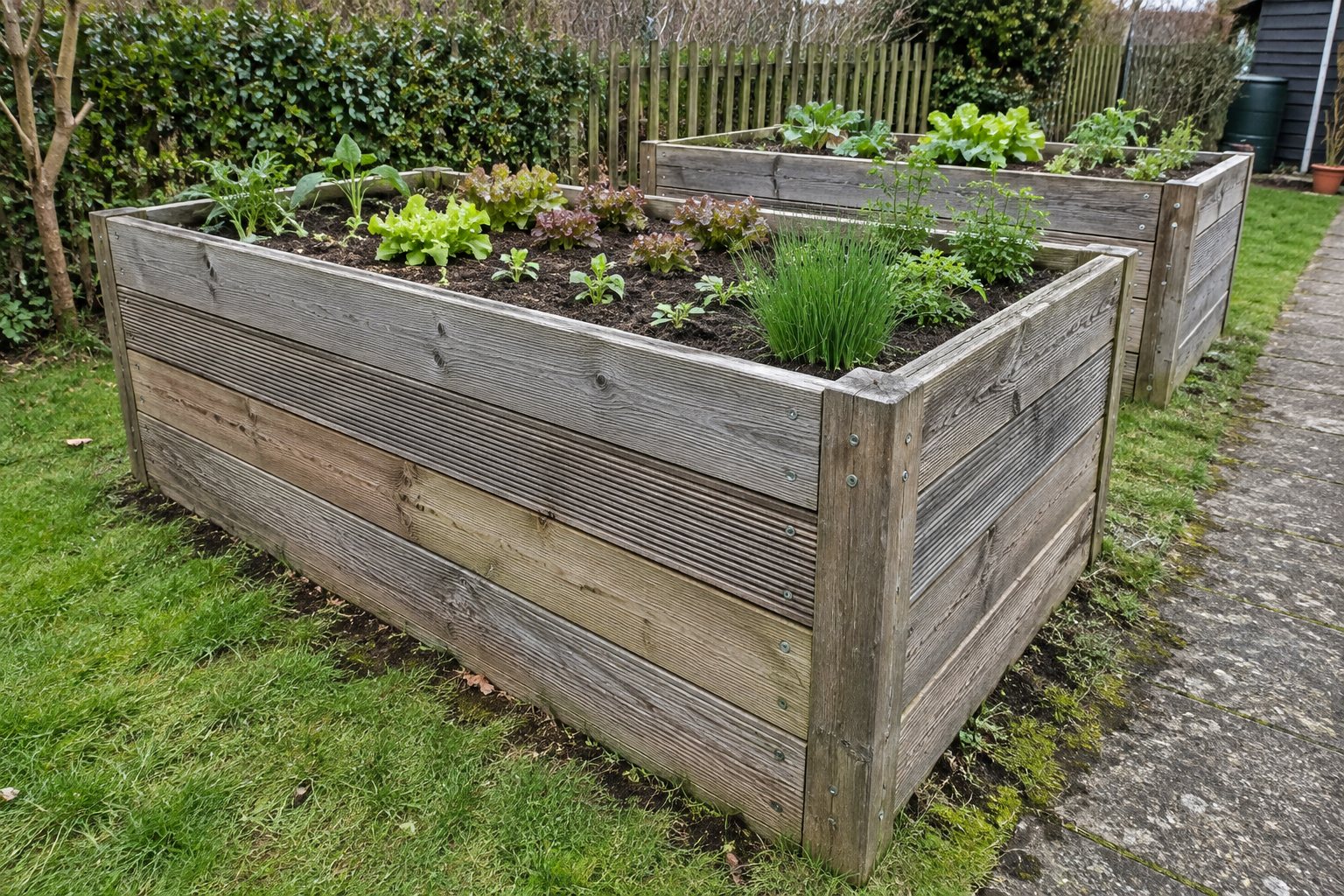 Hochbeete aus alten, recycelten Holzdielen