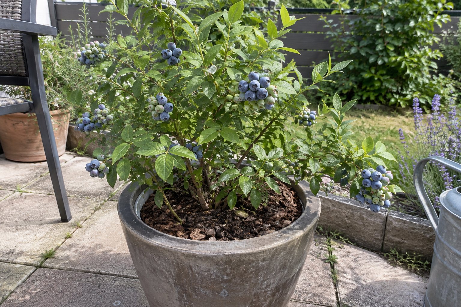 Heidelbeere im Kübel auf der Terrasse