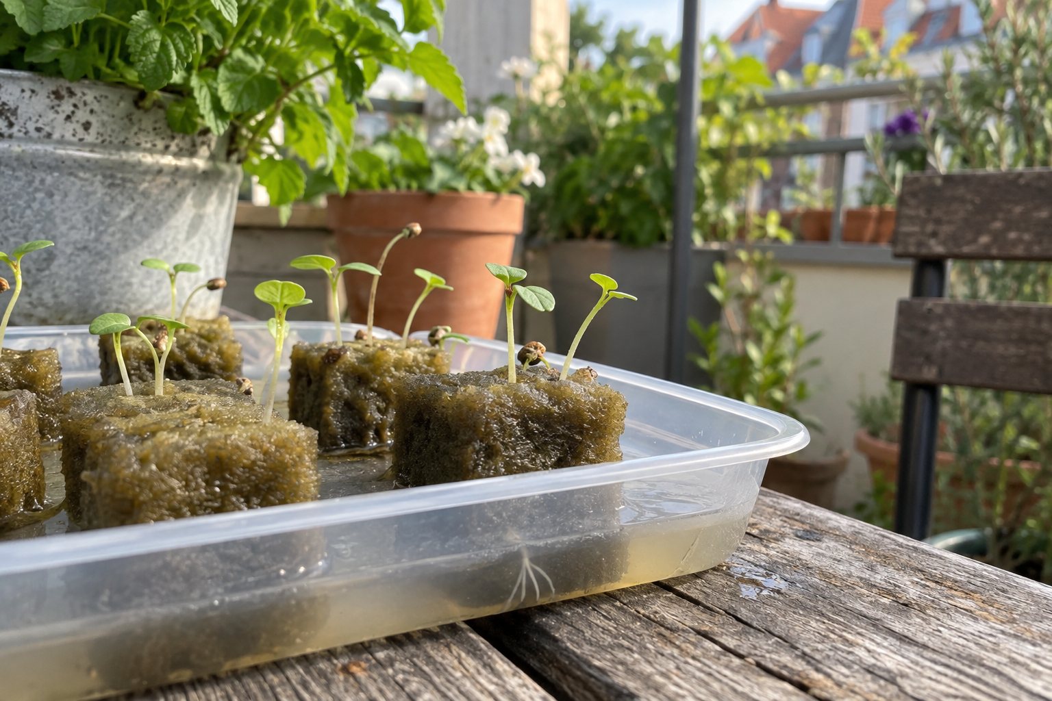 Frische Keimlinge in Steinwollwürfeln
