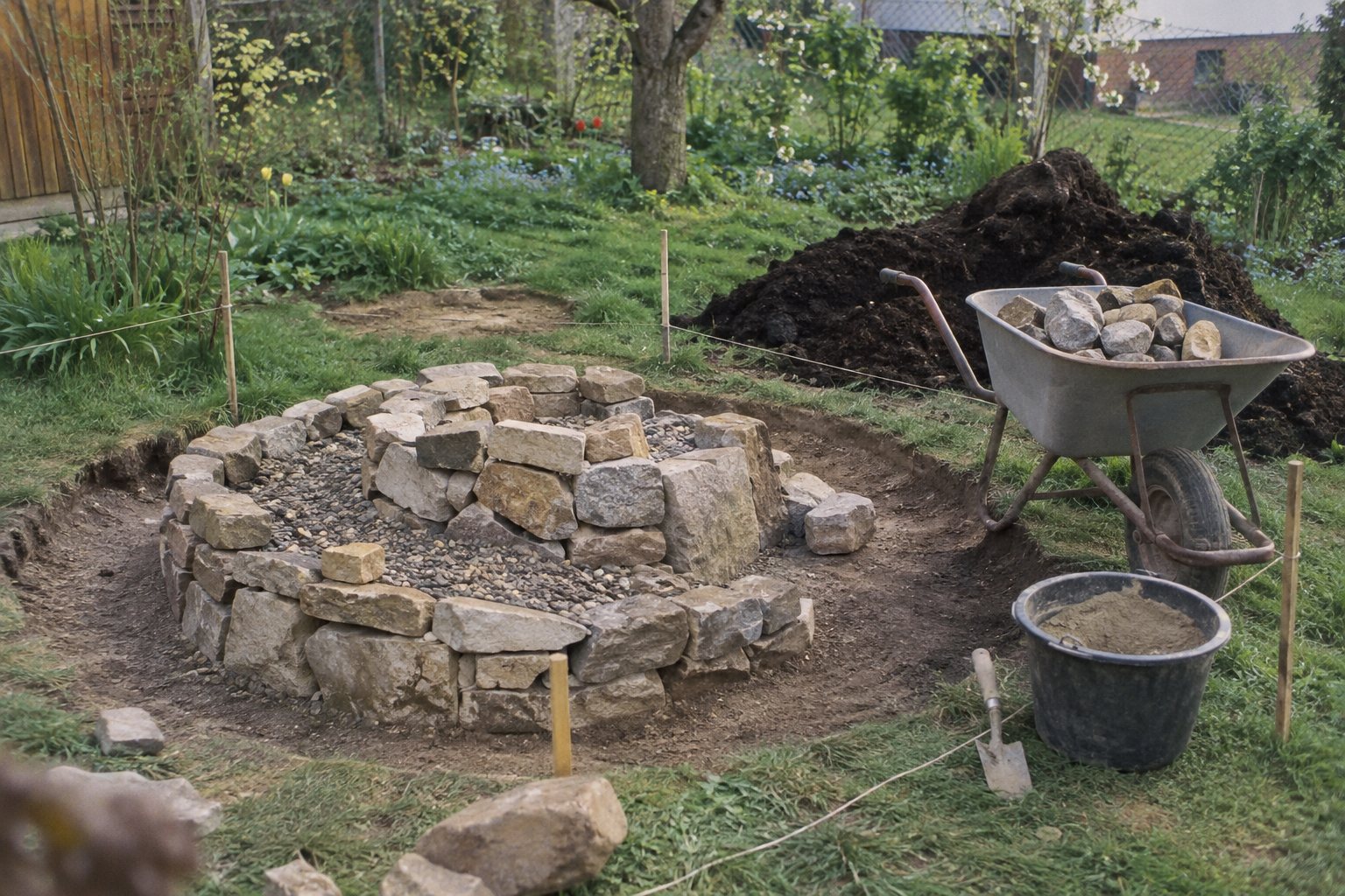 Halb gebaute Kräuterspirale mit Trockenmauer auf Schotterbett