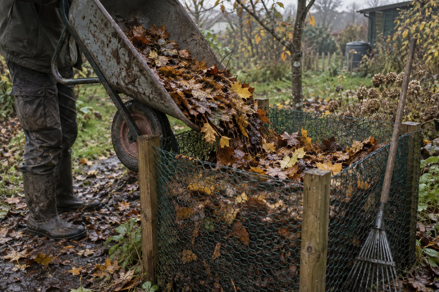 Nasses Herbstlaub wird aus der Schubkarre in die Drahtkiste gekippt