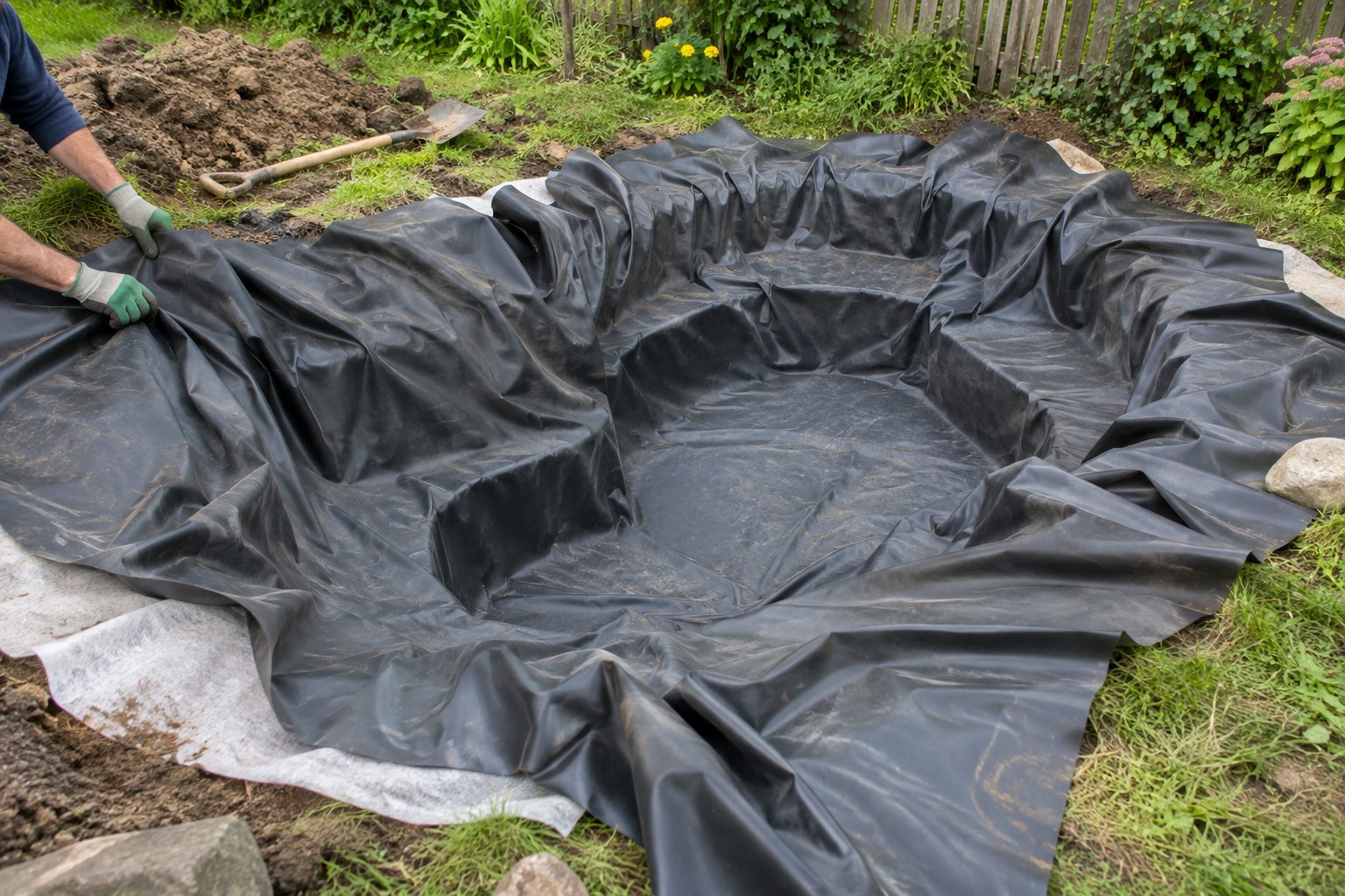 Die Teichfolie wird in die Mulde gelegt