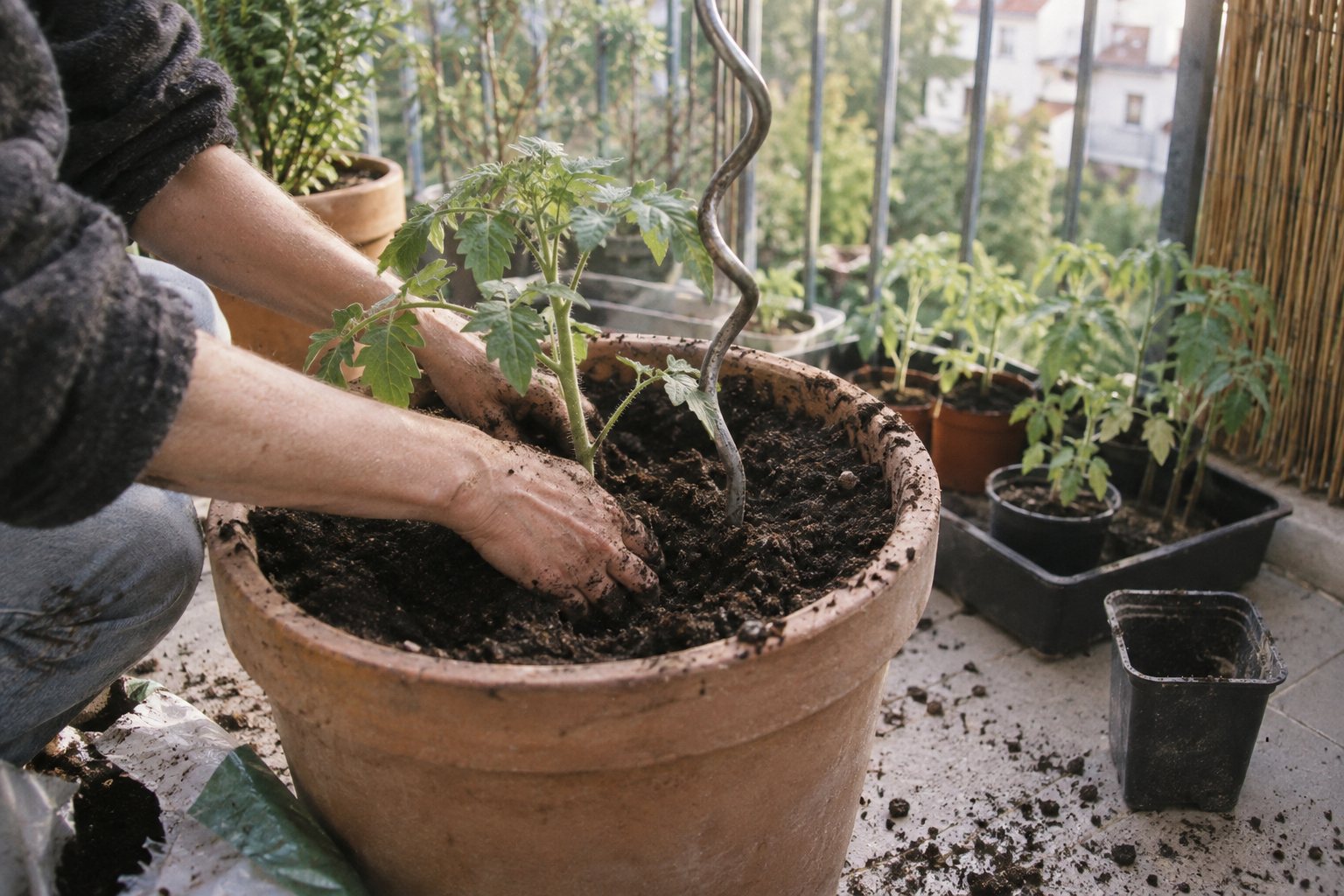 Tomatenpflanze wird tief in einen großen Topf gepflanzt